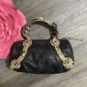 ELAINE TURNER Black Textured Leather Tote Bag Snake Trim w/ Gunmetal Hardware